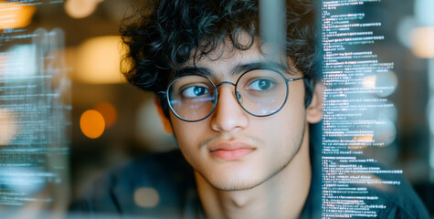 Young Indian man focusing on coding education AI with digital screen background © dvoevnore