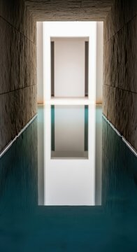 A still water surface sits within a carved stone alcove, reflecting soft ambient light and minimalist architectural lines in a quiet space, aperture, polish, grey