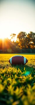 Golden hour on a lush green grass field with an American football perfectly placed at the center of attention, afternoon, nature