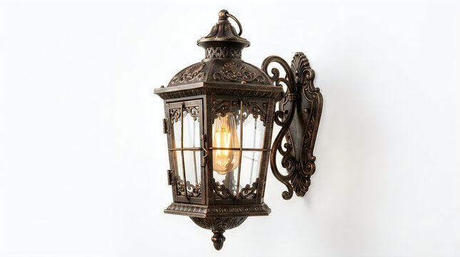 Vintage black metal outdoor wall lantern light fixture illustration