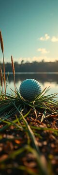 Golf ball nestled among reeds on tranquil lake shore, golf, sport