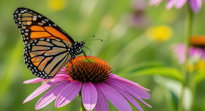 A vibrant monarch butterfly with orange and black wings rests gracefully on a blooming purple wildflower in a sunlit meadow during summer, summer, ecology, detailed