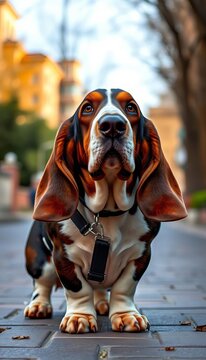 Laid-back basset hound takes a stroll with a downtrodden expression and iconic floppy ears, sad, downtrodden