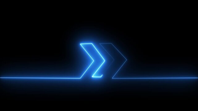 Glowing cyan neon right arrow icon animation with double arrow light effects on a dark black background.