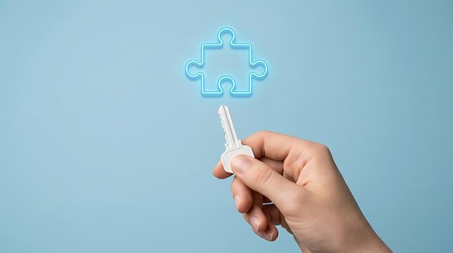Hand holding a white key beneath a glowing blue neon puzzle piece on a light blue background, silver