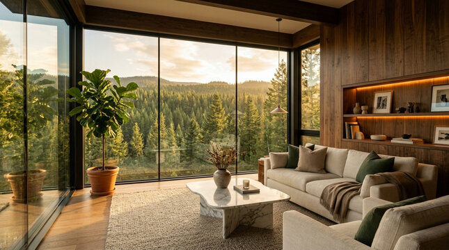 Cozy living room with a stunning forest view through large windows