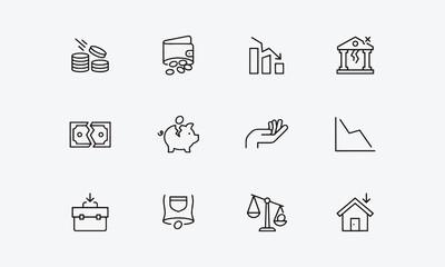 Fototapeta premium Loss of money line editable icon set. Containicons related to lose money, bankruptcy, downturn, crisis