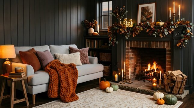 Happy halloween new colorful concept featuring a cozy living room decorated with pumpkins and warm fireplace lighting