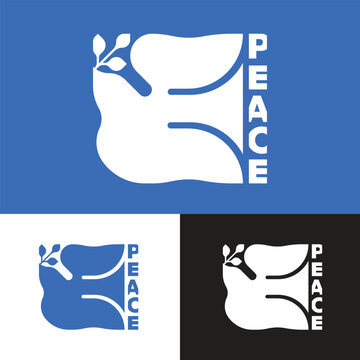 PEACE Symbol sign with peace vertical text and peace bird flying and hold leaf White blue and black tone vector design