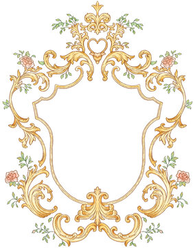 Ornate Gold Baroque Floral Frame with Pink Roses and Heart Motif