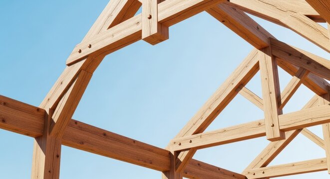 Sturdy oak beams and traditional joinery form the structural skeleton of a modern rustic home set against a clear blue sky during daylight, construction, carpentry, foundation