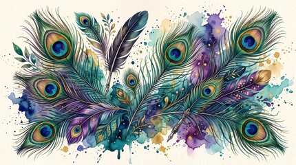 Obraz premium Decorative Feather Collection Watercolor Illustration with Peacock Feathers, Elegant Quills and Colorful Plumes