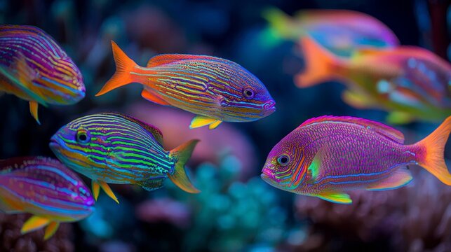 Vivid tropical fish with vibrant neon colors swimming gracefully in clear underwater environment, colorful exotic marine life, aquatic wildlife, coral reef ecosystem, bright ocean nature background wi