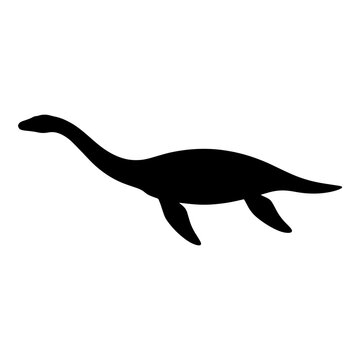 Black silhouette of a plesiosaur marine reptile isolated on white background.