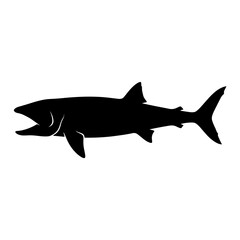 Obraz premium Black silhouette of a shark swimming with mouth open.