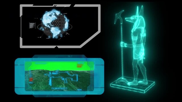 Futuristic anubis god hologram analyzing a target