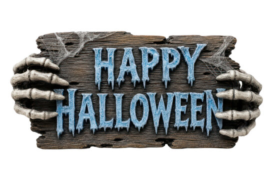 Halloween sign, spooky wooden plaque with blue Happy Halloween text, skeleton hands decor prop isolated PNG with Transparent Background