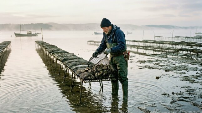 Man Harvesting Oysters in a Coastal Tidal Pool at Dawn