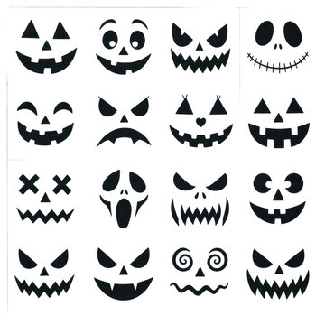 Halloween face icons set, scary pumpkin expressions, black silhouette masks for party design use isolated PNG with Transparent Background