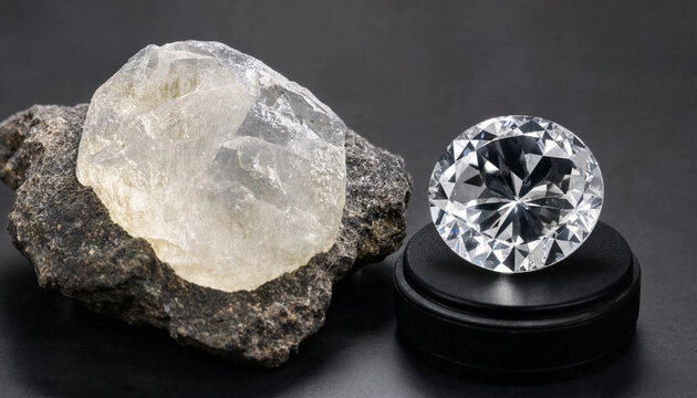 Uncut raw diamond stone next to polished round brilliant cut diamond on black background for jewelry manufacturing mining process investment refinement concept