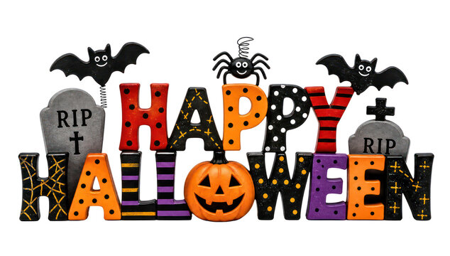 Retro Happy Halloween text banner, colorful spooky typography with pumpkins and bats for party invites isolated PNG with Transparent Background