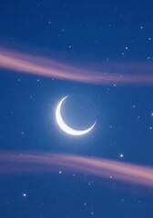 Fototapeta premium A glowing silver crescent moon hangs delicately in a deep indigo twilight sky, surrounded by twinkling stars and faint wisps of soft clouds, dark, galaxy, ethereal