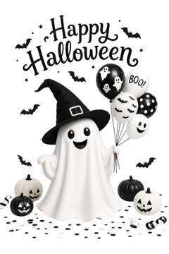 Cute Happy Halloween ghost illustration, black and white spooky party decor, festive trick or treat art isolated PNG with Transparent Background