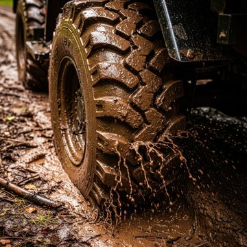 A heavy vehicle tire is deeply wedged in thick brown mud on a rural forest path after heavy rain, showing deep treads and wet earth textures, environment, landscape, earth