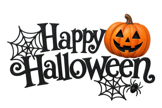 Halloween typography, smiling pumpkin and spiderweb illustration, black orange holiday design isolated PNG with Transparent Background