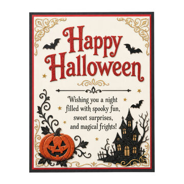  Happy Halloween greeting card, spooky haunted house invitation, festive pumpkin and bat party flyer isolated PNG with Transparent Background