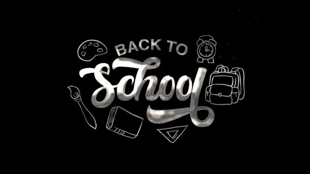 Silver letters spell "Back to School" against a dark background. Art tools and backpacks float around the text. The design feels festive and nostalgic for returning to education