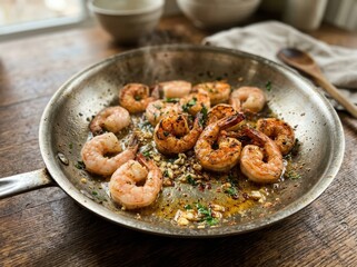 Fototapeta premium Garlic butter shrimp cooking in stainless steel pan on wooden surface