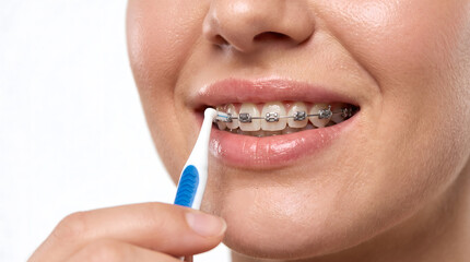 Naklejka premium Close up smile with dental braces using blue interdental brush to clean teeth view view