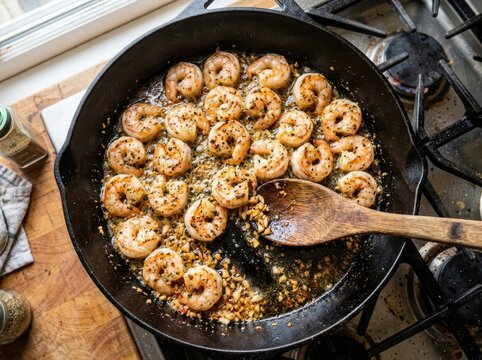 Garlic shrimp being stirred in cast iron skillet on a gas stove top