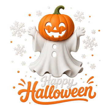 Happy Halloween 3D ghost with pumpkin head, cute spooky character, festive autumn holiday greeting design isolated PNG with Transparent Background