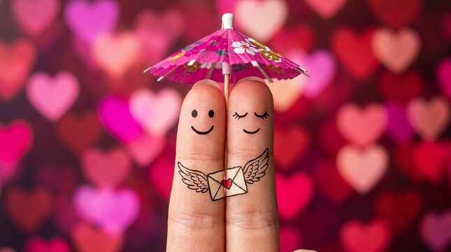 Cute Finger Couple with Love Letter Umbrella on Bokeh Hearts Background