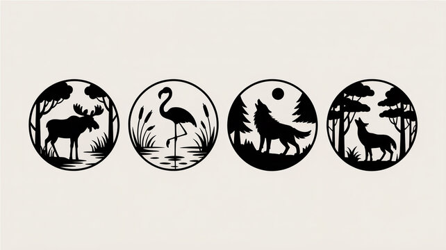 Four circular black and white illustrations of animals a deer flamingo wolf another deer set against different backgrounds with illustration, flamingo