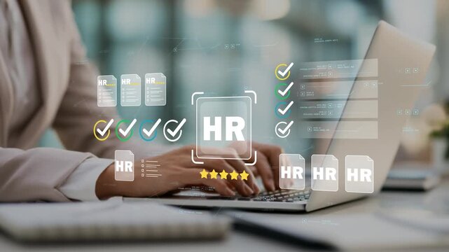 Human resources management platform with animated HR documents, employee lifecycle dashboard, personnel administration, workforce planning and digital business technology for modern organizations