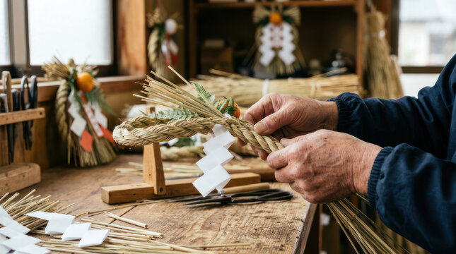 Artisan crafting traditional Japanese Shimenawa decoration by hand.