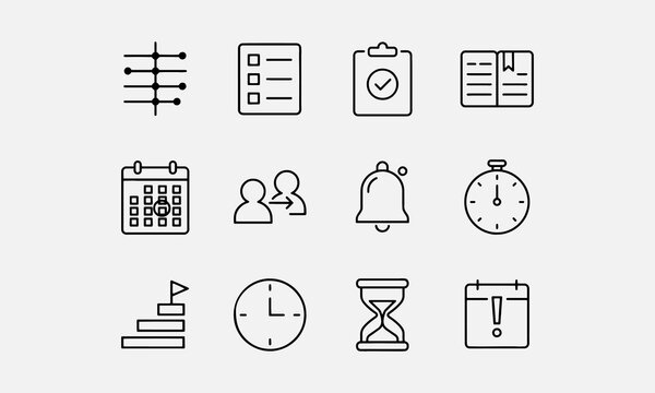 Time management line editable icon set. Containing schedule, to-do list, task, planner, calendar, delegation
