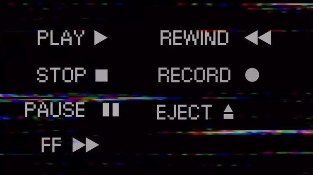 Retro VCR player interface with static noise, depicting vintage analog video tape recorder controls experiencing digital glitch and old television screen interference