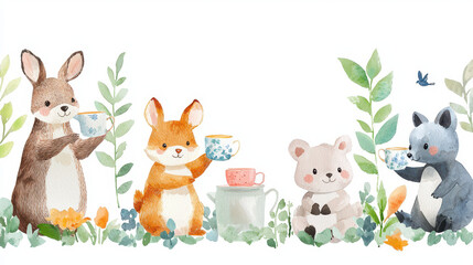 Fototapeta premium Cute watercolor illustration featuring playful animals enjoying tea time lush garden setting. scene includes rabbit, fox, raccoon, and bear
