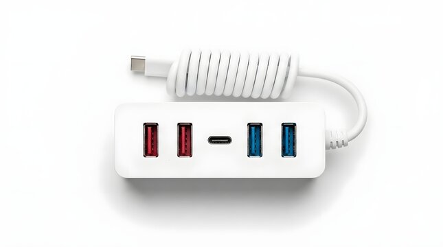 White USB C Multiport Hub Adapter with Multiple Ports on White Background