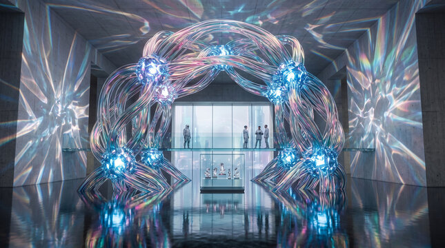 abstract background withDigital DNA strands forming a cybernetic digital tone Tetradic glowing lights