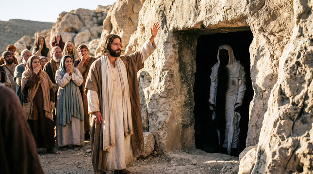 Jesus raising Lazarus from the dead. A man wrapped in burial linens walking out of a dark stone tomb