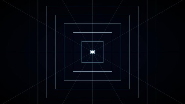 Abstract digital tunnel animation 4k background, with glowing square, frames and geometric, perspective lines