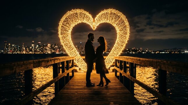 Couple Silhouetted Against Illuminated Heart Archway on Pier at Night