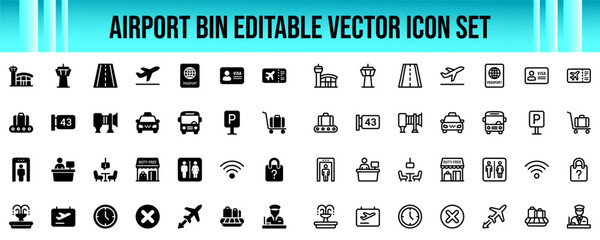 A comprehensive collection of black fill and line airport themed vector icons featuring various travel symbols for navigation signage and modern digital interface design © Monwar