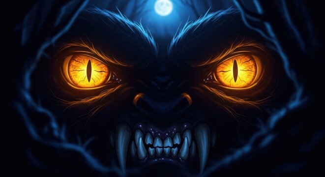 A close-up view of glowing amber eyes and sharp white teeth emerging from the shadows of a dense, primeval forest under a full moon night, strength, instinct, feral