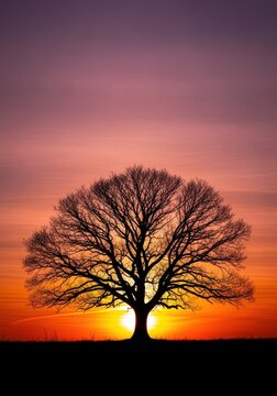 A dramatic high-contrast silhouette of a single bare tree standing alone against a bright, colorful evening sky during the vibrant sunset hour, purple, isolated, tree
